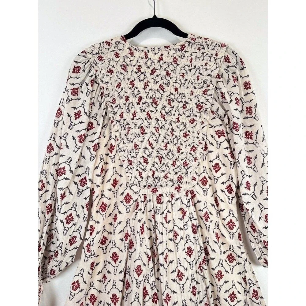 ZARA Mini Dress Beige Floral Puff Sleeve V Neck Lace Up Ruffle A Line Boho XS